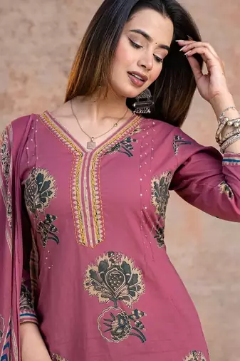 Floral embroidered pink v neck  cotton kurta set with trouser & dupatta