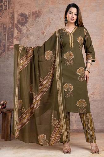 Floral embroidered green v neck pure cotton kurta set with trouser & dupatta