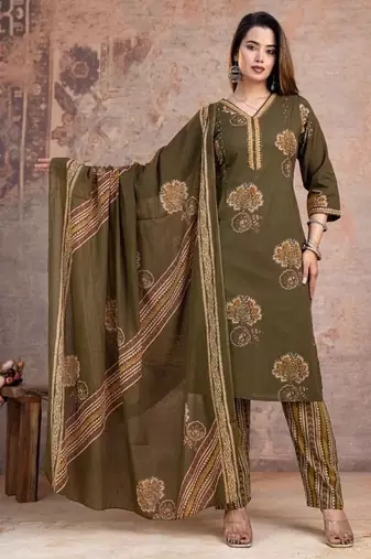 Floral embroidered green v neck pure cotton kurta set with trouser & dupatta