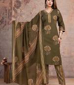 Floral embroidered green v neck pure cotton kurta set with trouser & dupatta