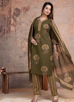 Floral embroidered green v neck  cotton kurta set with trouser & dupatta 2