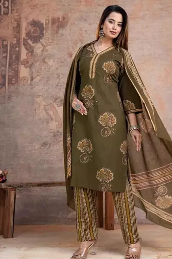 Floral embroidered green v neck  cotton kurta set with trouser & dupatta