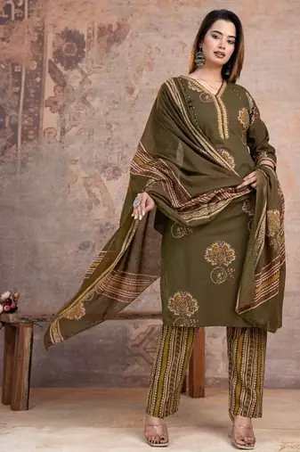 Floral embroidered green v neck  cotton kurta set with trouser & dupatta