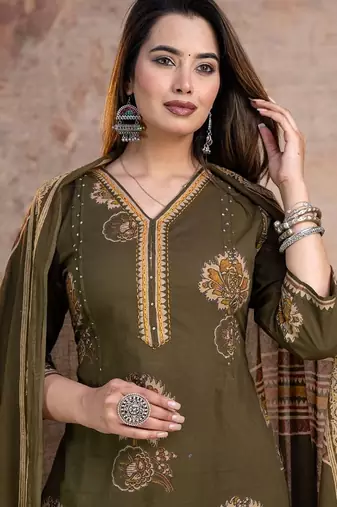 Floral embroidered green v neck  cotton kurta set with trouser & dupatta