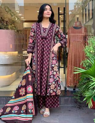 Floral embroidered maroon v neck  cotton kurta set with trouser & dupatta 1