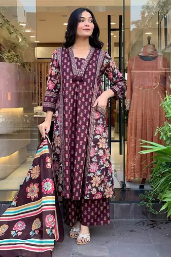 Floral embroidered maroon v neck pure cotton kurta set with trouser & dupatta