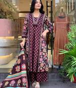 Floral embroidered maroon v neck pure cotton kurta set with trouser & dupatta