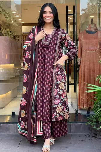 Floral embroidered maroon v neck  cotton kurta set with trouser & dupatta