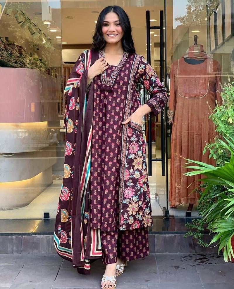 Floral embroidered maroon v neck pure cotton kurta set with trouser & dupatta