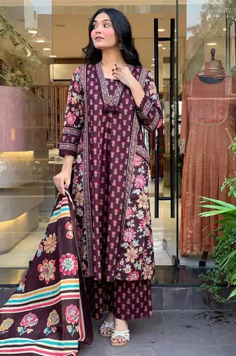 Floral embroidered maroon v neck  cotton kurta set with trouser & dupatta