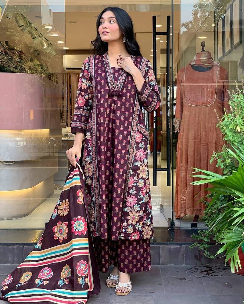 Floral embroidered maroon v neck pure cotton kurta set with trouser & dupatta