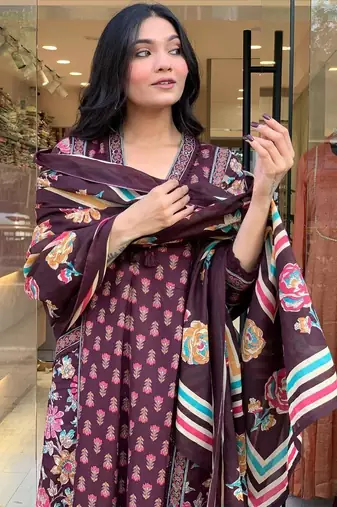 Floral embroidered maroon v neck  cotton kurta set with trouser & dupatta