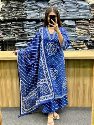 Floral embroidered blue v neck  cotton kurta set with trouser & dupatta 1