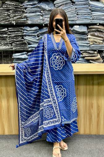 Floral embroidered blue v neck pure cotton kurta set with trouser & dupatta