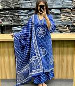 Floral embroidered blue v neck pure cotton kurta set with trouser & dupatta