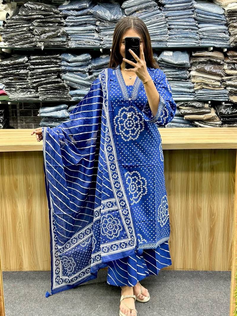 Floral embroidered blue v neck pure cotton kurta set with trouser & dupatta