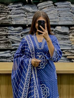 Floral embroidered blue v neck  cotton kurta set with trouser & dupatta 2