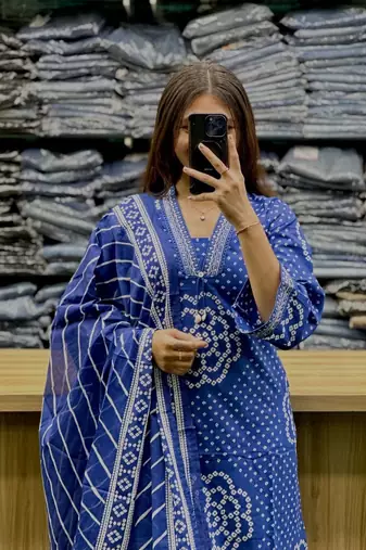 Floral embroidered blue v neck  cotton kurta set with trouser & dupatta