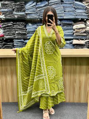 Floral embroidered light-green v neck  cotton kurta set with trouser & dupatta 1