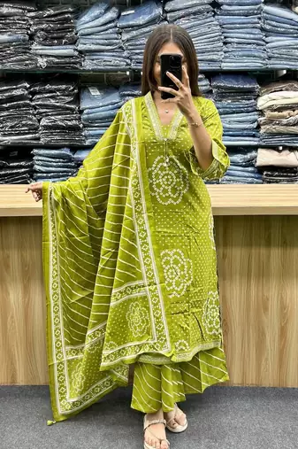 Floral embroidered light-green v neck pure cotton kurta set with trouser & dupatta