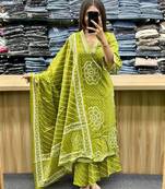 Floral embroidered light-green v neck pure cotton kurta set with trouser & dupatta