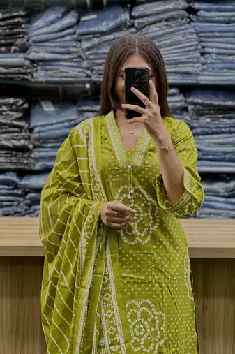Floral embroidered light-green v neck  cotton kurta set with trouser & dupatta