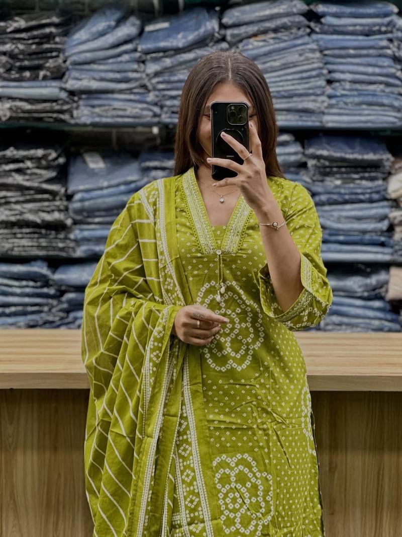 Floral embroidered light-green v neck pure cotton kurta set with trouser & dupatta