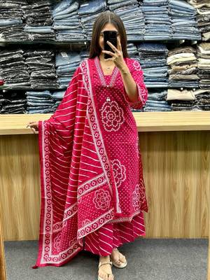 Floral embroidered pink v neck  cotton kurta set with trouser & dupatta 1