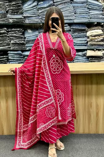 Floral embroidered pink v neck pure cotton kurta set with trouser & dupatta