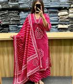 Floral embroidered pink v neck pure cotton kurta set with trouser & dupatta