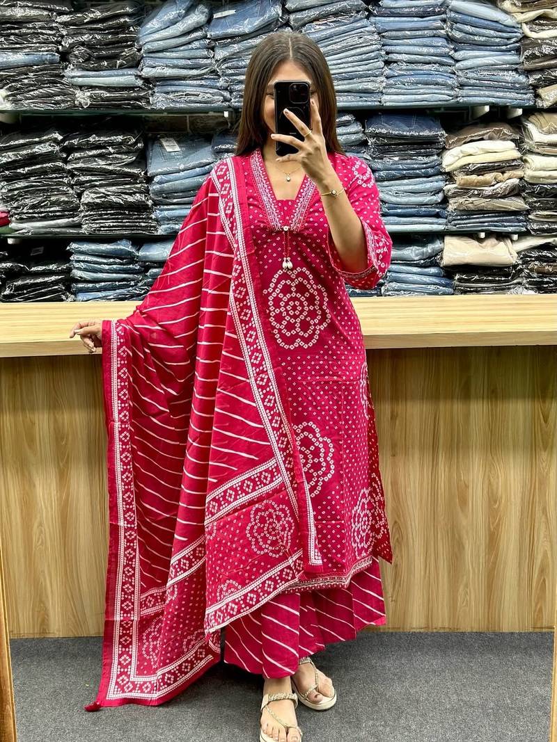 Floral embroidered pink v neck pure cotton kurta set with trouser & dupatta