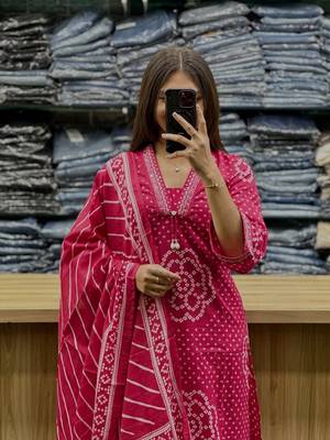 Floral embroidered pink v neck  cotton kurta set with trouser & dupatta 2
