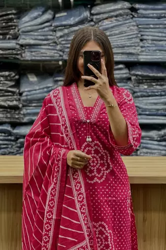 Floral embroidered pink v neck  cotton kurta set with trouser & dupatta