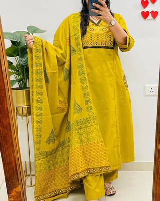 Floral embroidered dark-yellow v neck  cotton kurta set with trouser & dupatta 1