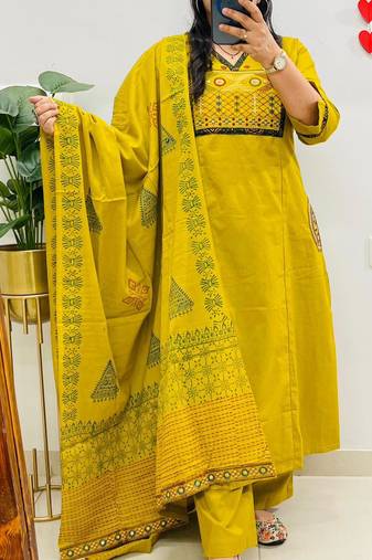 Floral embroidered dark-yellow v neck pure cotton kurta set with trouser & dupatta