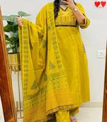 Floral embroidered dark-yellow v neck pure cotton kurta set with trouser & dupatta