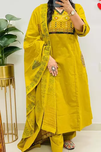 Floral embroidered dark-yellow v neck  cotton kurta set with trouser & dupatta
