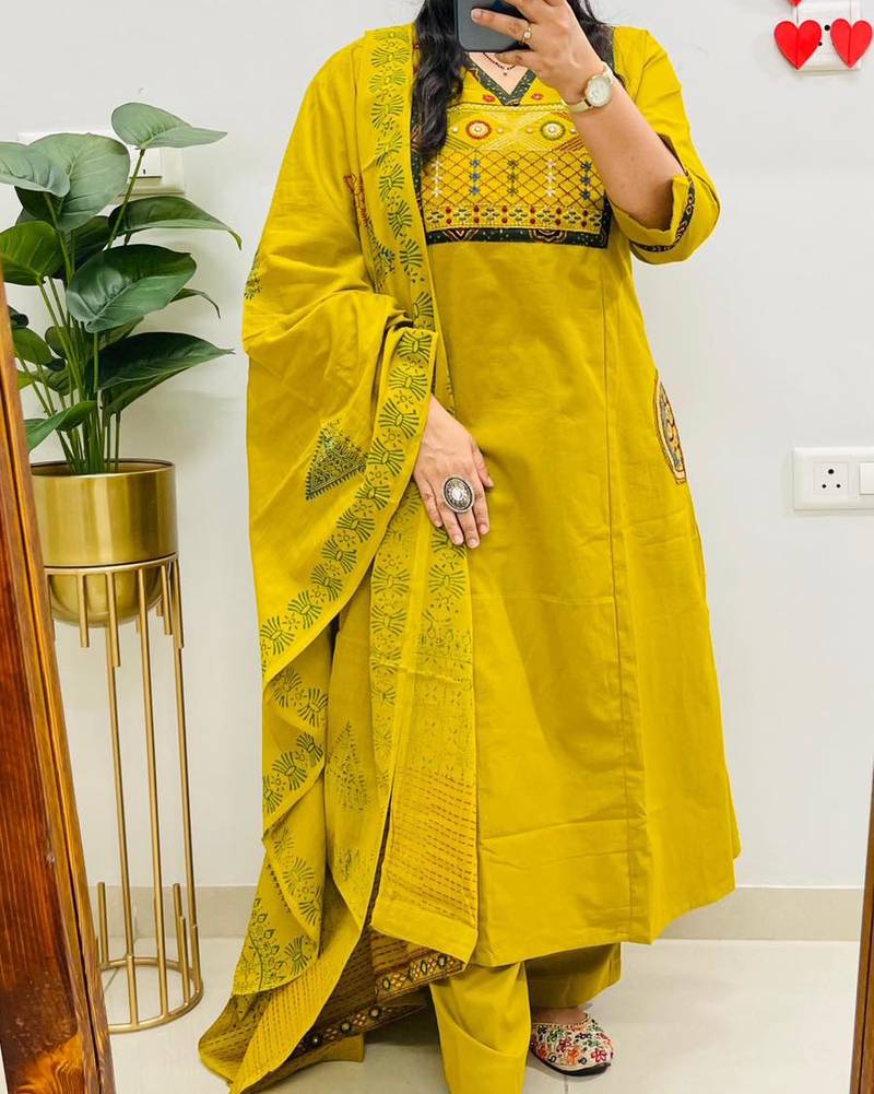 Floral embroidered dark-yellow v neck pure cotton kurta set with trouser & dupatta