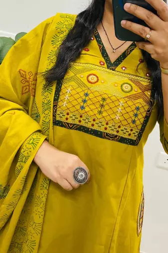 Floral embroidered dark-yellow v neck  cotton kurta set with trouser & dupatta