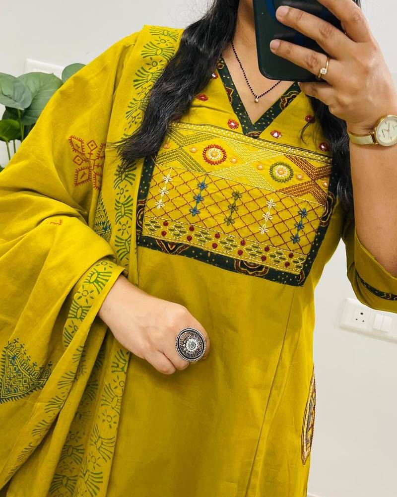 Floral embroidered dark-yellow v neck pure cotton kurta set with trouser & dupatta