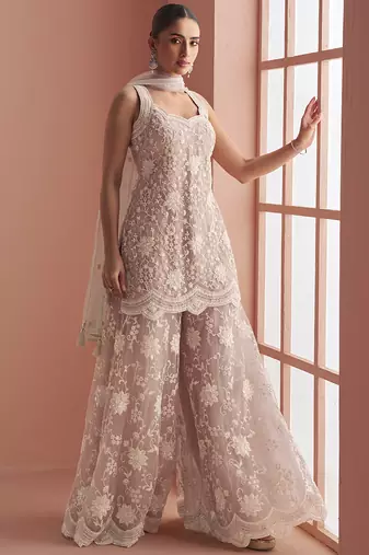 Light onion pink net embroidered beads trendy plazzo suit