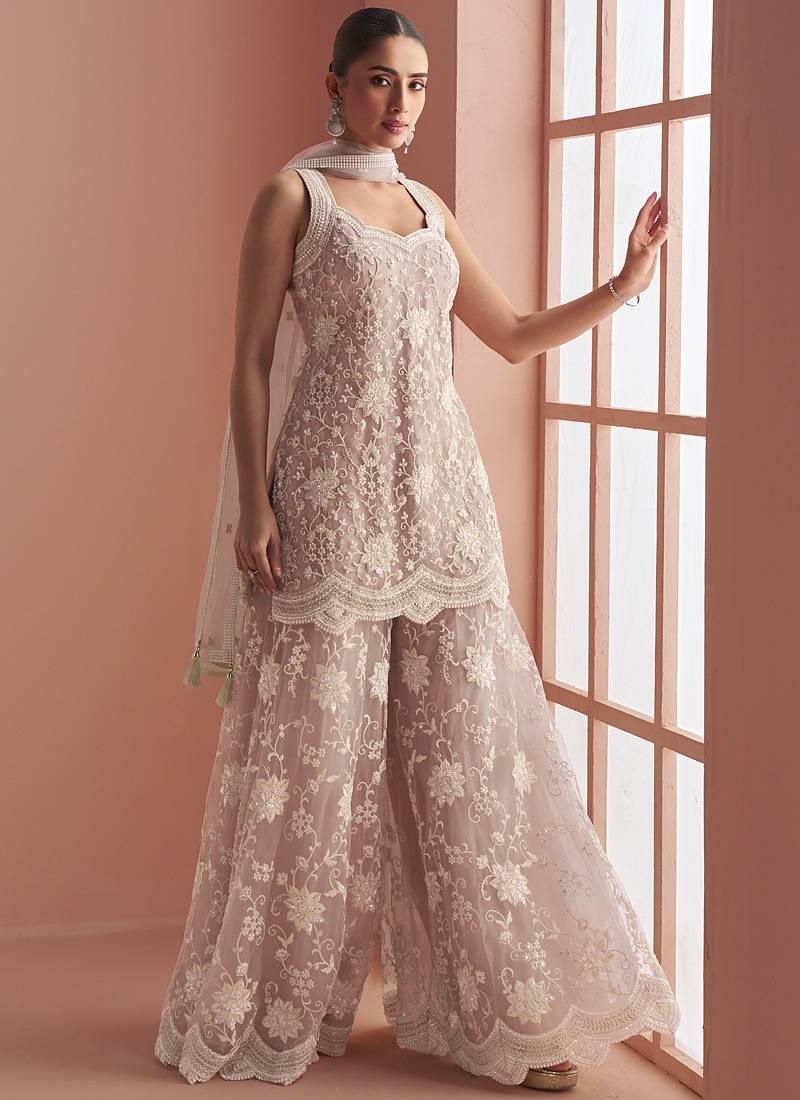 Light onion pink net embroidered beads trendy plazzo suit