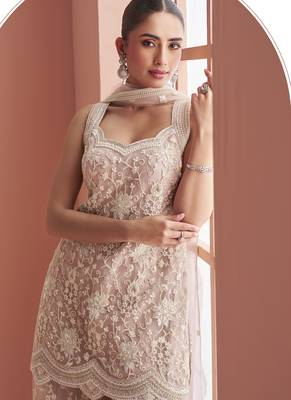 Light onion pink net embroidered beads trendy plazzo suit 2