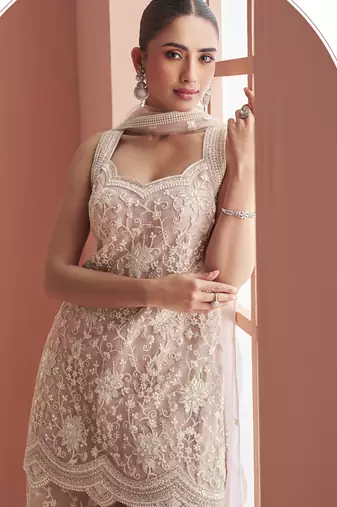 Light onion pink net embroidered beads trendy plazzo suit