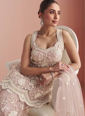 Light onion pink net embroidered beads trendy plazzo suit 3