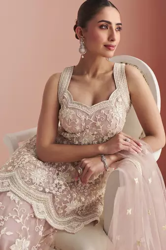 Light onion pink net embroidered beads trendy plazzo suit