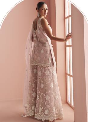 Light onion pink net embroidered beads trendy plazzo suit 4