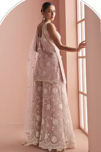 Light onion pink net embroidered beads trendy plazzo suit