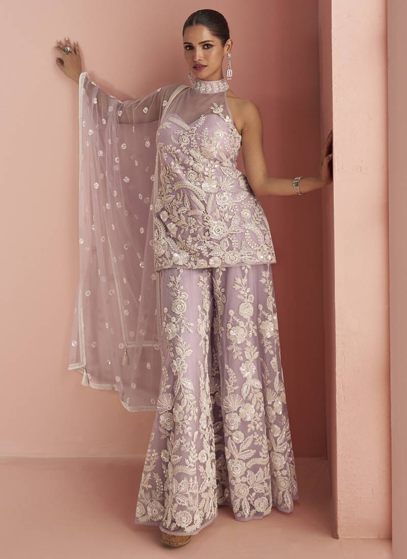 Light lavender net embroidered beads trendy plazzo suit