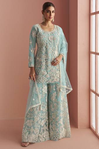 Light sky blue net embroidered beads trendy plazzo suit